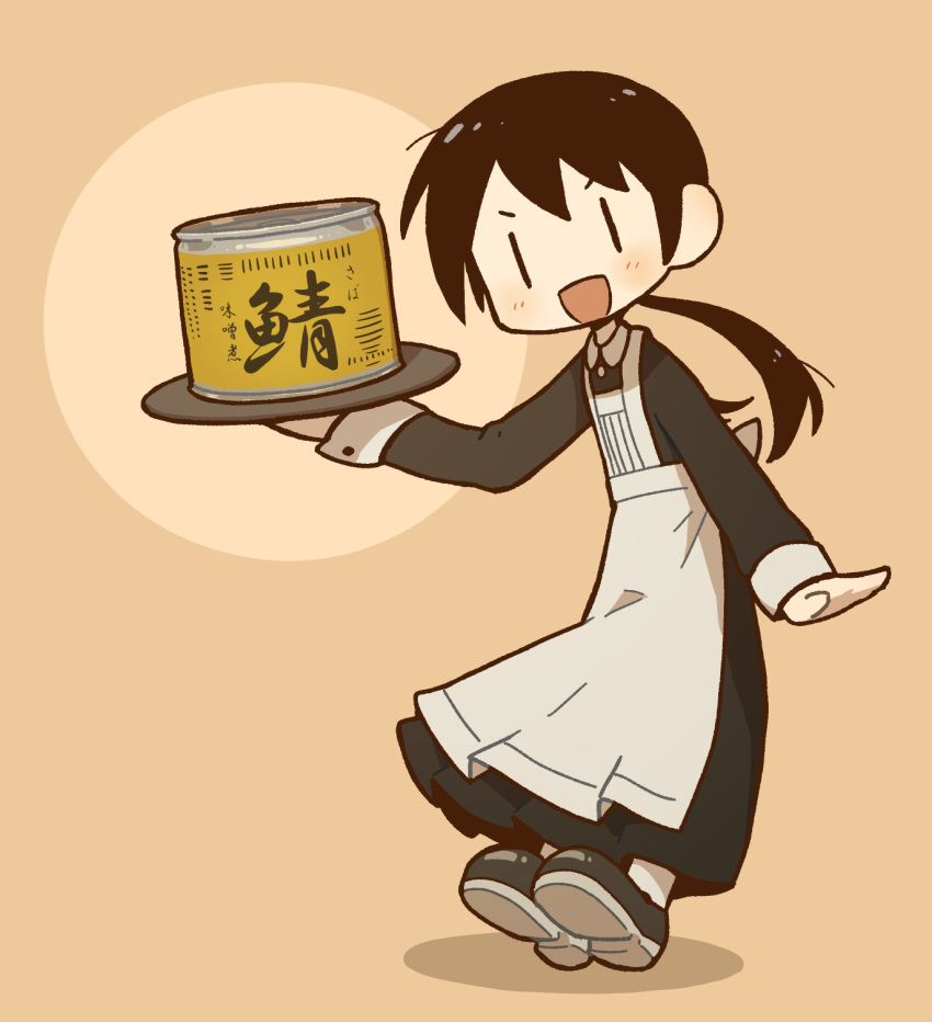 1girl :d apron black_dress black_footwear black_hair brown_background can canned_fish canned_food collared_dress commentary_request dress full_body furigana highres holding holding_tray long_dress long_hair long_sleeves mackerel_(fish) original shoe_soles shoes short_hair_with_long_locks smile solo takurada translation_request tray twintails v-shaped_eyebrows white_apron |_|