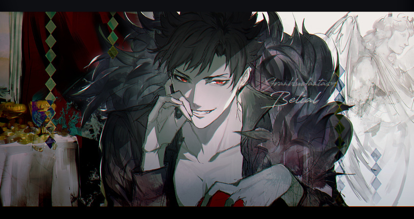 belial_(granblue_fantasy) bishounen black_hair black_shirt chalice cup feather_boa granblue_fantasy highres jacket male_focus messy_hair open_clothes open_jacket pectoral_cleavage pectorals popped_collar red_eyes rilmok shirt statue toned toned_male