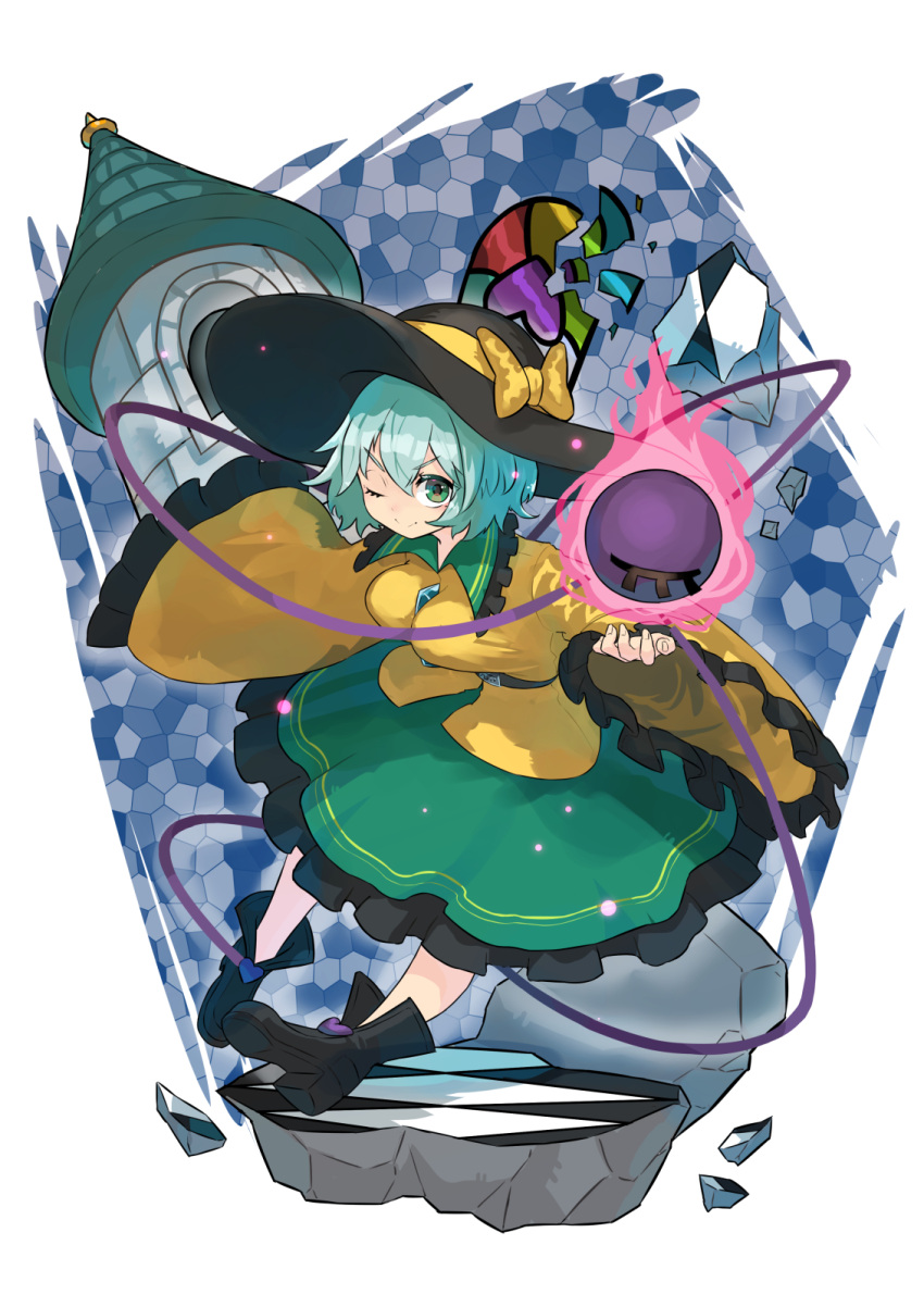 1girl black_footwear black_hat boots bow castle commentary_request eyeball frilled_skirt frilled_sleeves frills full_body green_eyes green_hair green_skirt hashiro hat hat_bow highres komeiji_koishi one_eye_closed shirt short_hair simple_background skirt solo stained_glass third_eye touhou white_background yellow_shirt