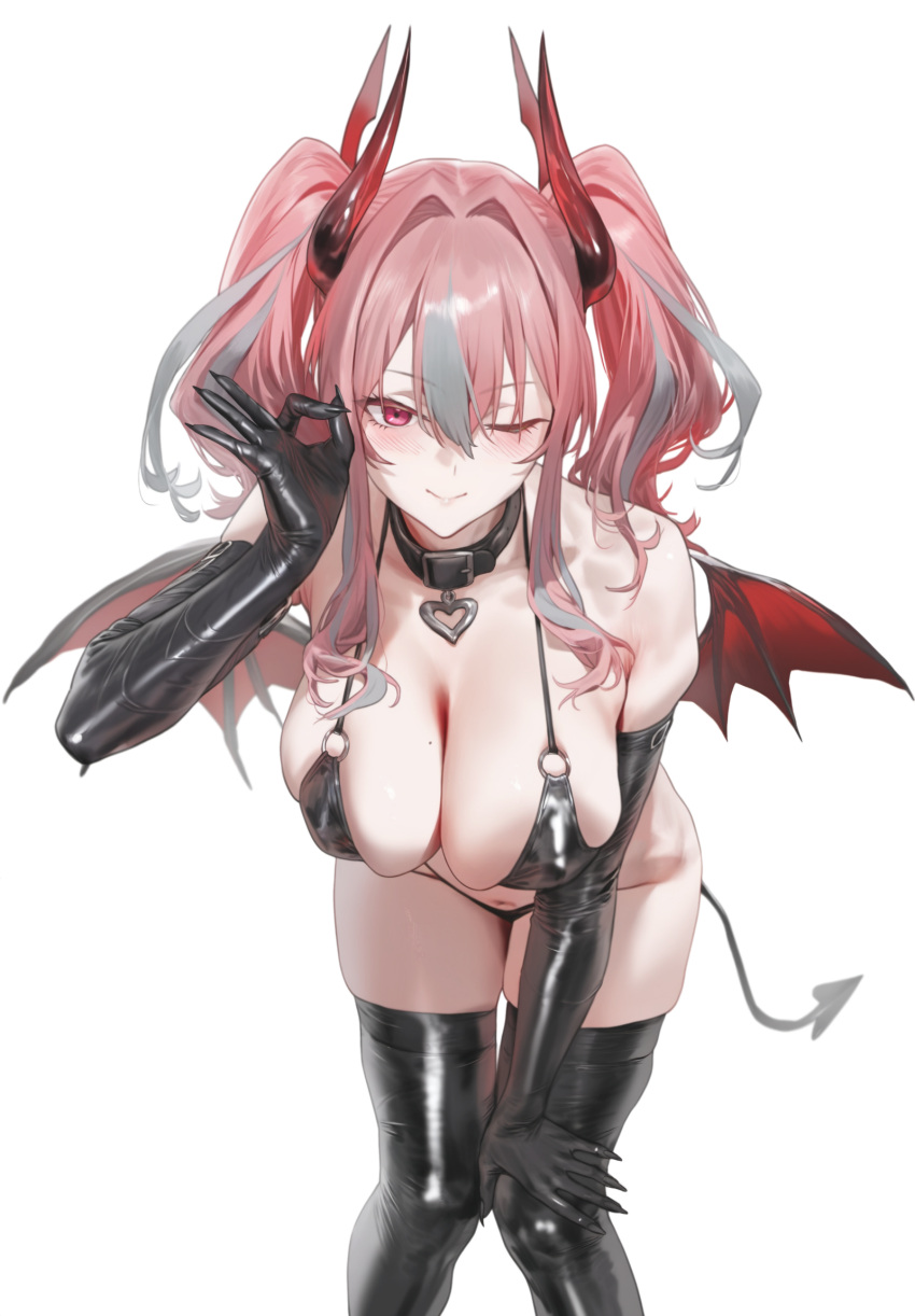 1girl ai-generated alternate_costume azur_lane bat_wings bikini black_bikini black_gloves black_thighhighs breasts bremerton_(azur_lane) covered_nipples demon_girl demon_horns demon_tail demon_wings dt_psyki elbow_gloves feet_out_of_frame gloves grey_hair hand_on_own_knee highres horns large_breasts latex latex_gloves latex_thighhighs leaning_forward leather_collar looking_at_viewer mole mole_on_breast multicolored_hair o-ring o-ring_top ok_sign one_eye_closed pink_hair purple_eyes simple_background spaghetti_strap streaked_hair swimsuit tail thighhighs twintails two-tone_hair white_background wings