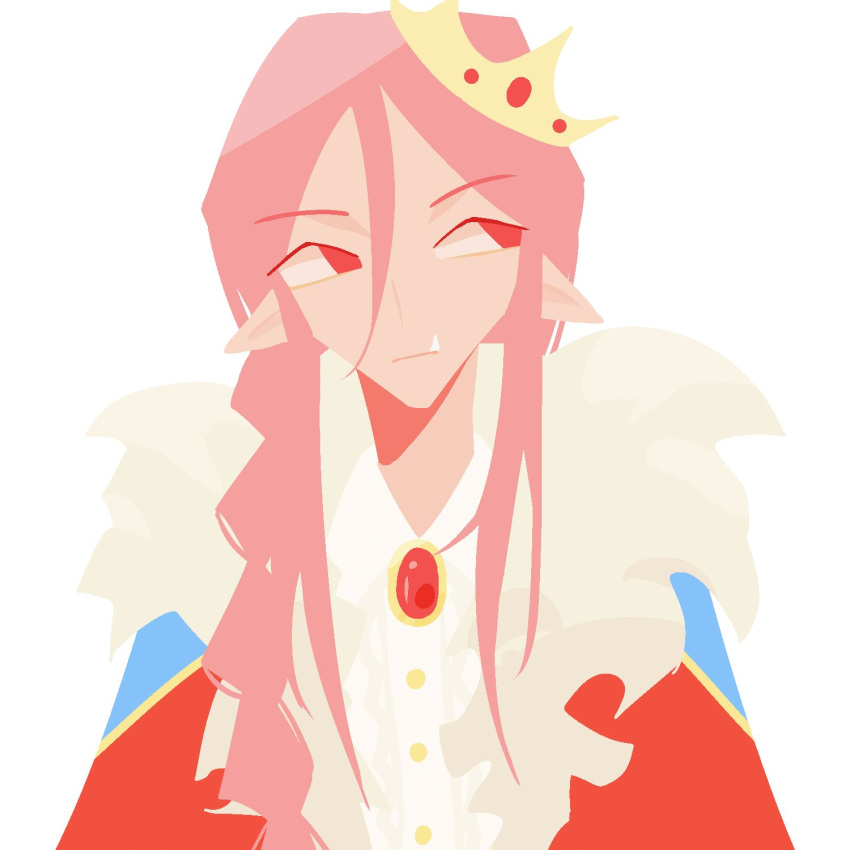 2023 ambiguous_gender ambiguous_humanoid bangs braided_hair button_(fastener) cape clothed clothing crown digital_drawing_(artwork) digital_media_(artwork) fangs fur gem hair headgear hi_res humanoid humanoid_pointy_ears lineless long_hair male_(lore) not_furry pink_hair red_cape red_clothing red_eyes simple_background solo sunfl0werii technoblade teeth white_background