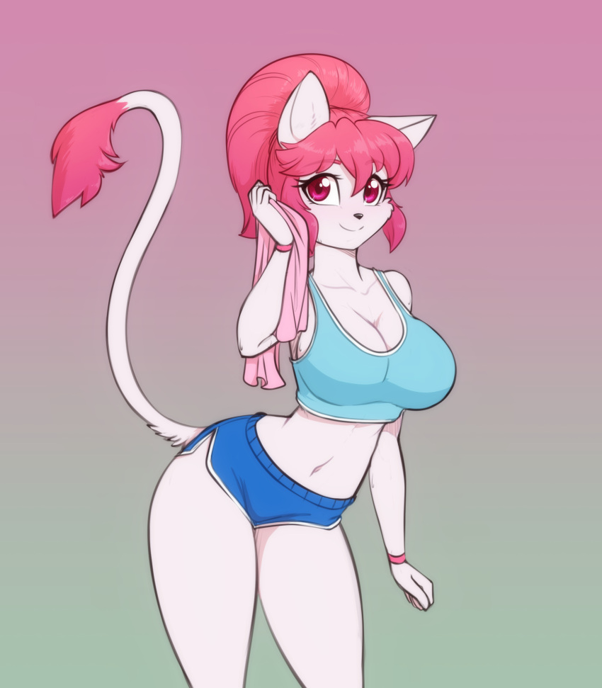 2024 anthro big_breasts bottomwear breasts clothing collarbone crop_top domestic_cat eyebrows eyelashes felid feline felis female fur hair hi_res inner_ear_fluff looking_at_viewer mammal midriff navel pink_eyes pink_hair scorpdk shirt shorts smile solo tail tail_tuft topwear towel tuft white_body white_fur wristband