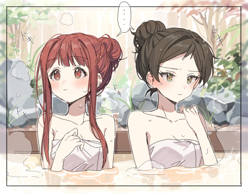 ... 2girls bare_shoulders blush breasts brown_hair cleavage hair_bun hano9789 highres idolmaster idolmaster_million_live! kitazawa_shiho looking_to_the_side multiple_girls naked_towel onsen red_hair shared_speech_bubble sidelocks single_hair_bun sitting speech_bubble spoken_ellipsis steam tanaka_kotoha towel