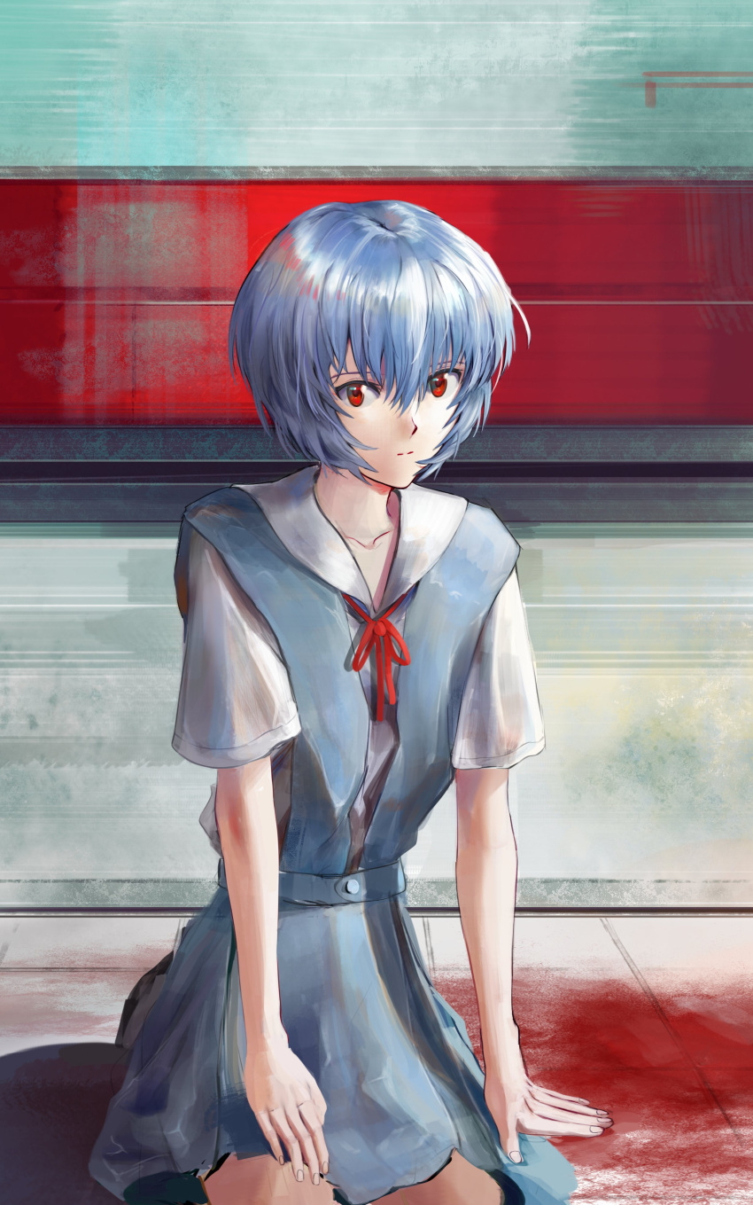 1girl absurdres ayanami_rei black_socks blood_on_ground blue_hair blue_skirt closed_mouth collarbone collared_shirt commentary dress_shirt english_commentary expressionless hand_on_lap highres indoors kneeling neon_genesis_evangelion on_ground red_eyes school_uniform seventbs shirt short_hair short_sleeves skirt socks solo suspender_skirt suspenders tokyo-3_middle_school_uniform white_shirt