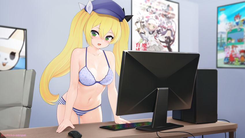 1girl :d artist_name blonde_hair blue_bra blue_hat blue_panties blurry blurry_background bra cameltoe chair computer computer_tower cowboy_shot dokibird_(vtuber) eroneko_senpai green_eyes highres indie_virtual_youtuber indoors keyboard_(computer) looking_at_viewer monitor mouse_(computer) navel panties poster_(object) smile solo standing striped_clothes striped_panties table twintails underwear virtual_youtuber