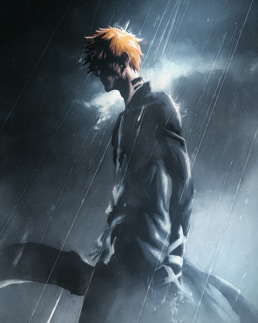 1boy absurdres black_hakama black_kimono bleach cloud dark_clouds from_side hakama haori highres japanese_clothes kimono kurosaki_ichigo long_sleeves male_focus orange_hair rain scene_reference shaded_face short_hair solo spiked_hair taichou_haori tanis_teau