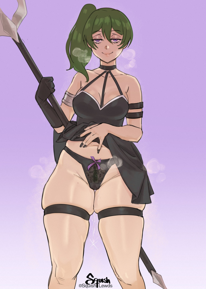 1girl absurdres bare_shoulders black_dress blush breasts choker cleavage dress green_hair hair_between_eyes highres looking_at_viewer medium_breasts panties purple_eyes pussy_juice pussy_juice_drip_through_clothes pussy_juice_trail side_ponytail smile solo sousou_no_frieren squishlewds steam steaming_body thick_thighs thighs ubel_(sousou_no_frieren) underwear