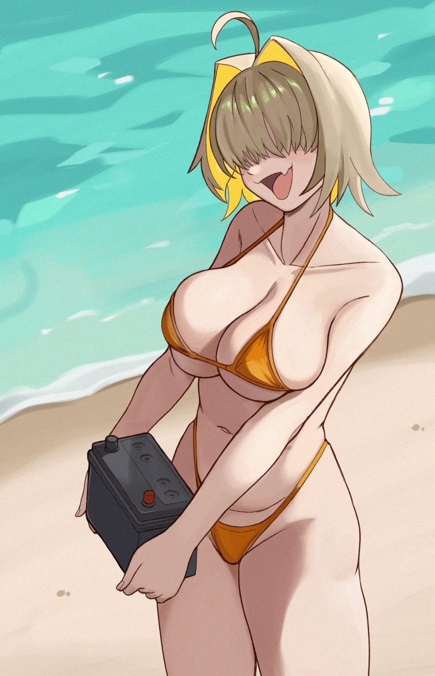 absurdres ahoge battery beach bikini blonde_hair breasts elegg_(nikke) fang goddess_of_victory:_nikke hair_intakes hair_over_eyes highres large_breasts milkmountain navel short_hair skin_fang swimsuit water yellow_bikini