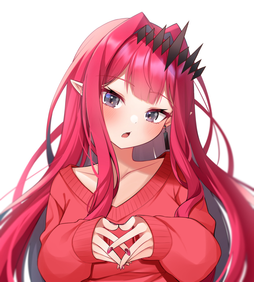 1girl :o baobhan_sith_(fate) blush earrings fang fate/grand_order fate_(series) grey_eyes hair_ornament highres hoshino_reiji interlocked_fingers jewelry long_hair long_sleeves looking_at_viewer nail_polish open_mouth pink_hair pointy_ears red_nails red_sweater sidelocks solo sweater upper_body white_background