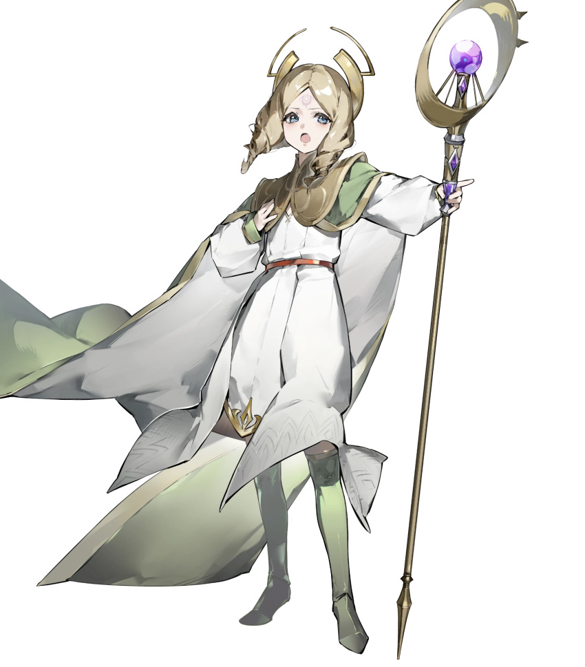 1girl aged_down aqua_eyes blonde_hair boots brand_of_the_exalt cape drill_hair drill_sidelocks emmeryn_(child)_(fire_emblem) emmeryn_(fire_emblem) facial_mark fire_emblem fire_emblem_awakening fire_emblem_heroes forehead_mark furrowed_brow green_cape green_footwear highres holding holding_staff knee_boots medium_hair multicolored_cape multicolored_clothes non-web_source open_mouth robe sidelocks solo staff tagme tiara white_cape white_robe