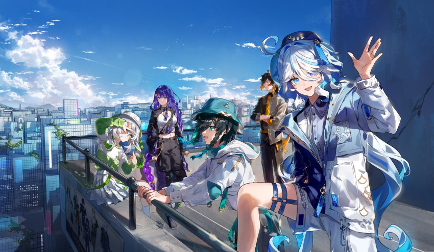 2boys 3girls :d androgynous aqua_eyes architecture black_pants blue_eyes blue_hair blue_hat braid brown_hair building casual city cityscape collared_shirt cowlick crossed_legs day dress_shirt drop-shaped_pupils earrings finger_frame furina_(genshin_impact) genshin_impact gradient_hair grape_(pixiv27523889) green_eyes greyscale hair_ornament hairclip hat head_tilt hood hoodie jacket jewelry light_blue_hair long_hair looking_at_viewer low-braided_long_hair low-tied_long_hair mole mole_under_eye monochrome multicolored_clothes multicolored_hair multicolored_jacket multiple_boys multiple_girls nahida_(genshin_impact) necktie on_roof open_clothes open_mouth outdoors pants partially_unzipped pleated_skirt purple_eyes purple_hair raiden_shogun railing rooftop scenery shirt short_hair_with_long_locks shorts sitting skirt sky skyscraper sleeves_rolled_up smile standing symbol-shaped_pupils tassel tassel_earrings thigh_strap twin_braids venti_(genshin_impact) very_long_hair waving white_hair white_shorts yellow_background yellow_necktie zhongli_(genshin_impact) zipper_pull_tab