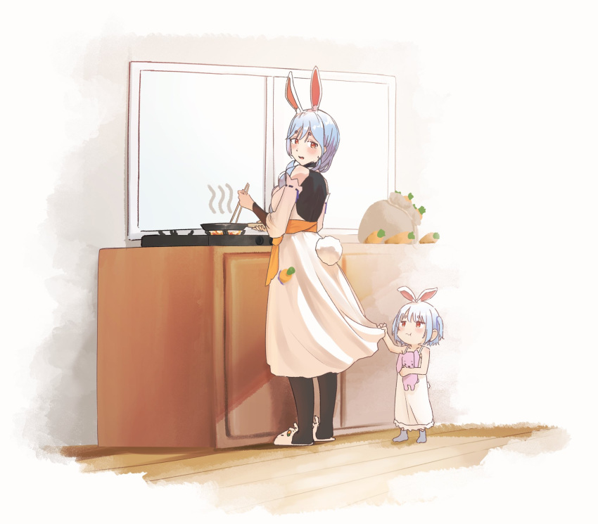 2girls animal_ears apron black_pantyhose blue_hair carrot clothes_grab commentary_request cooking gozumi_2804 highres holding hololive looking_at_another looking_down mother_and_daughter multiple_girls pantyhose pekomama pout rabbit_ears rabbit_girl rabbit_tail sketch stuffed_animal stuffed_toy tail usada_pekora white_apron