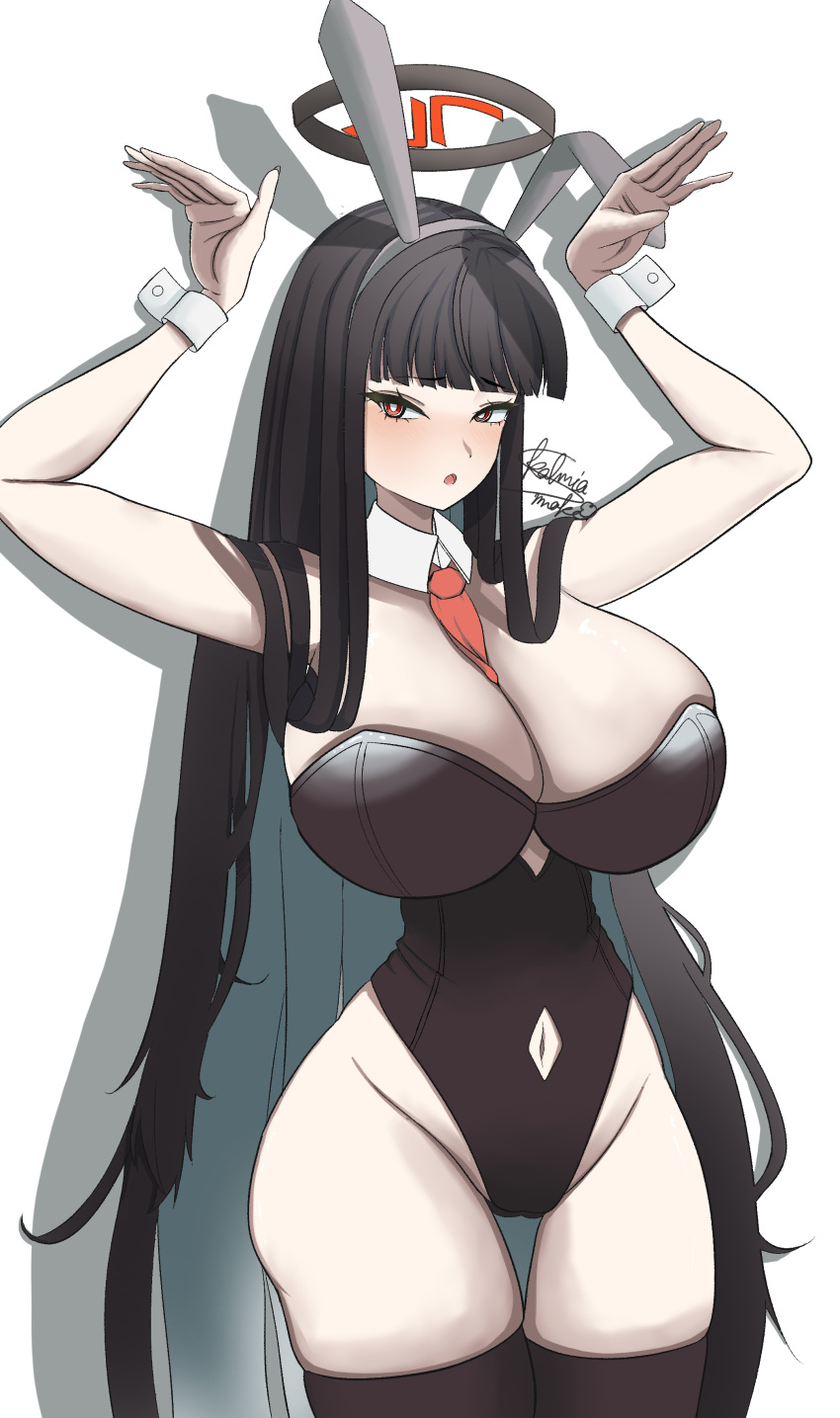 1girl absurdres animal_ears black_hair black_halo black_leotard blue_archive blunt_bangs blush breasts bright_pupils clothing_cutout detached_collar fake_animal_ears hair_ornament halo highleg highleg_leotard highres huge_breasts kalmia_smoke large_breasts leotard long_hair looking_at_viewer navel_cutout necktie playboy_bunny rabbit_ears red_eyes red_halo rio_(blue_archive) signature simple_background solo strapless strapless_leotard thighhighs very_long_hair wrist_cuffs