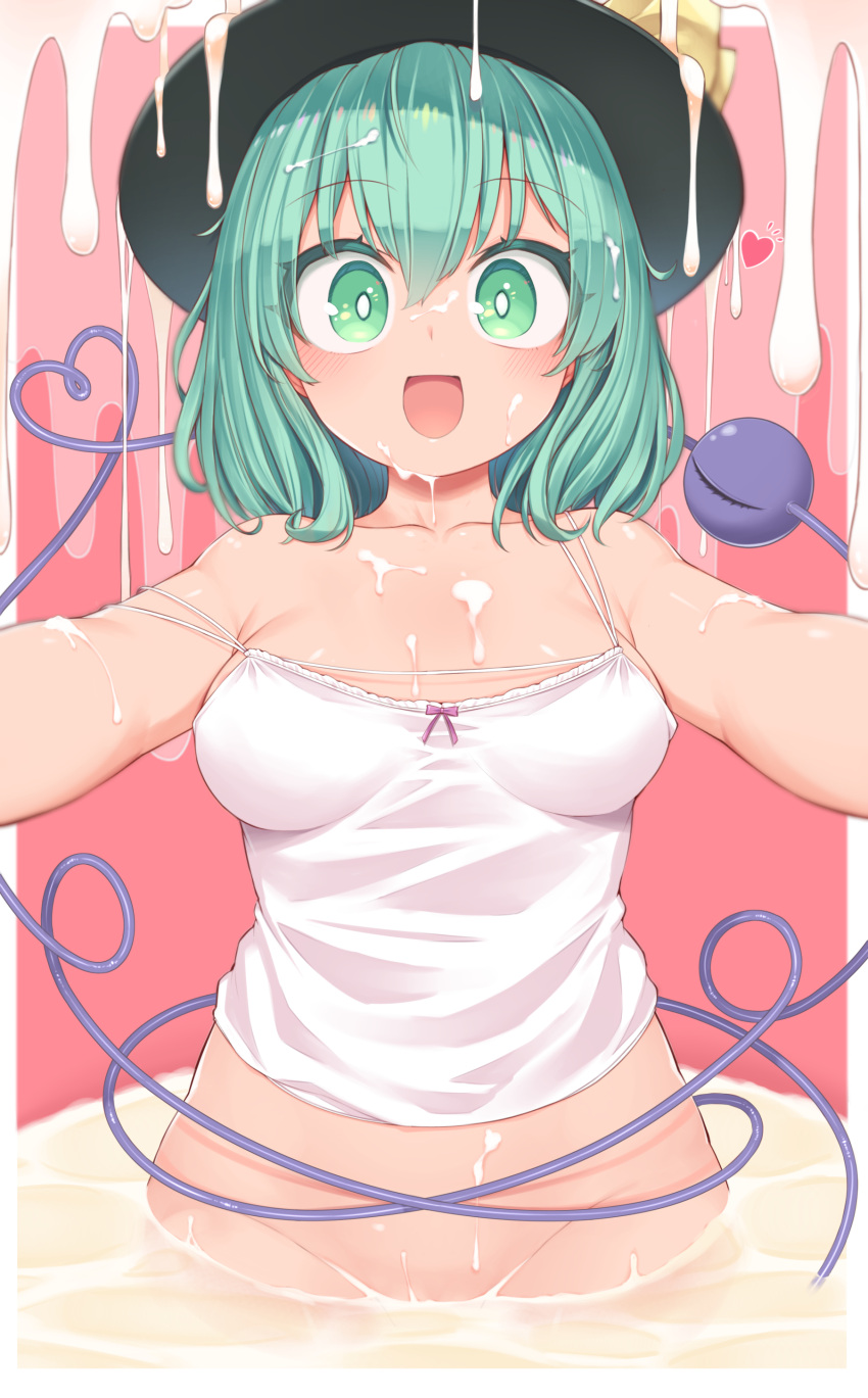 1girl :d absurdres aqua_eyes aqua_hair bottomless bow breasts bright_pupils chocolate collarbone cowboy_shot eyeball harunoha hat hat_bow heart heart_of_string highres incoming_hug komeiji_koishi looking_at_viewer medium_breasts medium_hair no_panties outstretched_arms partially_submerged pink_background smile strap_slip suggestive_fluid tank_top third_eye touhou white_chocolate white_day white_pupils white_tank_top yellow_bow