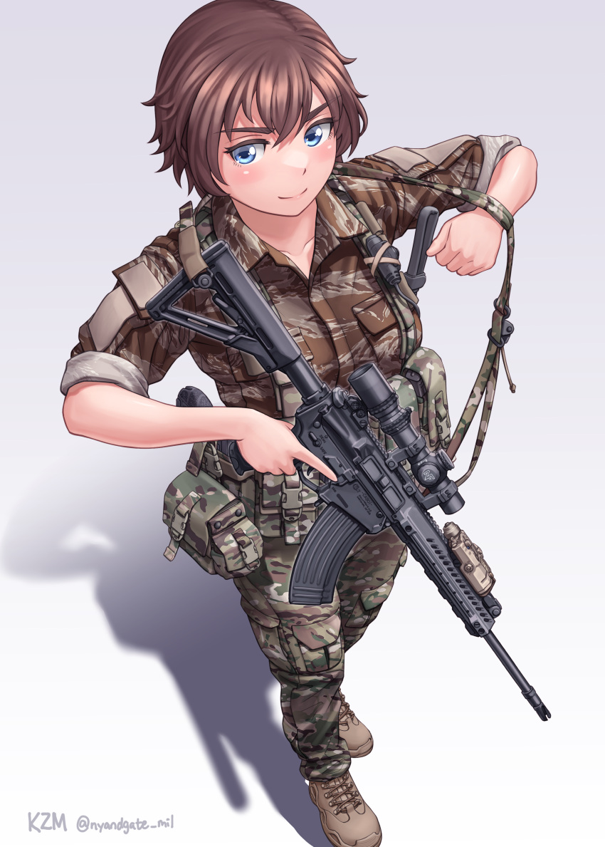 1girl absurdres ar-15 blue_eyes boots brown_hair camouflage camouflage_pants ck901 closed_mouth combat_boots commentary_request full_body gun gun_sling highres holding holding_gun holding_weapon kzm_(sub-moa_works) looking_at_viewer military military_uniform original pants partial_commentary rifle scope short_hair sleeves_rolled_up smile solo standing trigger_discipline uniform weapon white_background