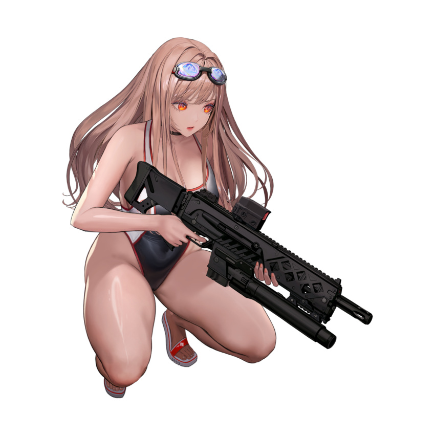 1girl absurdres black_choker black_one-piece_swimsuit breasts brown_hair choker competition_swimsuit covered_navel feet full_body goddess_of_victory:_nikke goggles goggles_on_head gun highleg highleg_swimsuit highres holding holding_gun holding_weapon hyulla kim_hyung_tae large_breasts legs light_brown_hair long_hair looking_at_viewer official_alternate_costume official_art one-piece_swimsuit orange_eyes parted_lips rapi_(classic_vacation)_(nikke) rapi_(nikke) sandals shiny_skin solo squatting swim_goggles swimsuit tachi-e thighs toenails toes transparent_background two-tone_swimsuit weapon