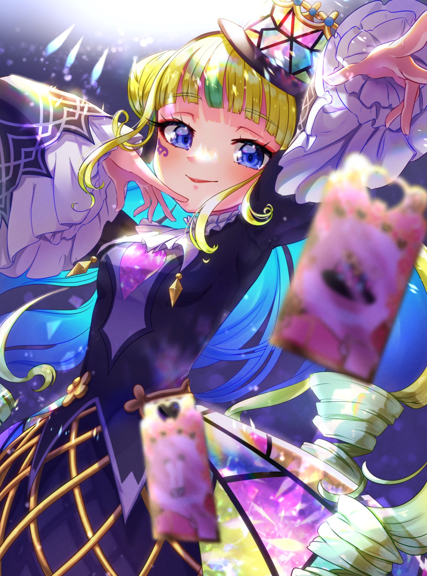 1girl arm_up blonde_hair blue_eyes blue_hair blunt_bangs braid braided_bun breasts card closed_mouth colored_inner_hair commentary_request cowboy_shot crown_hat double_bun drill_hair eyeshadow facial_mark frilled_sleeves frills gothic_lolita hair_bun hand_up highres idol_clothes kokoa_remon kokoa_remon_(primagista) lolita_fashion long_hair long_sleeves looking_at_viewer makeup moukinui multicolored_hair pretty_series red_eyeshadow red_lips sidelocks small_breasts smile solo stained_glass_print standing streaked_hair waccha_primagi!
