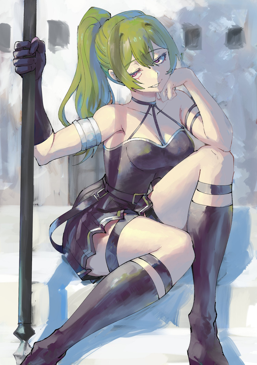 1girl arm_strap armlet arqa black_choker black_footwear black_skirt boots choker commentary eyelashes green_hair half-closed_eyes hand_on_own_cheek hand_on_own_face hand_up head_rest highres holding holding_polearm holding_weapon jitome long_hair looking_at_viewer pleated_skirt polearm purple_eyes sitting skirt solo sousou_no_frieren spear stairs suspenders_hanging thighs ubel_(sousou_no_frieren) weapon