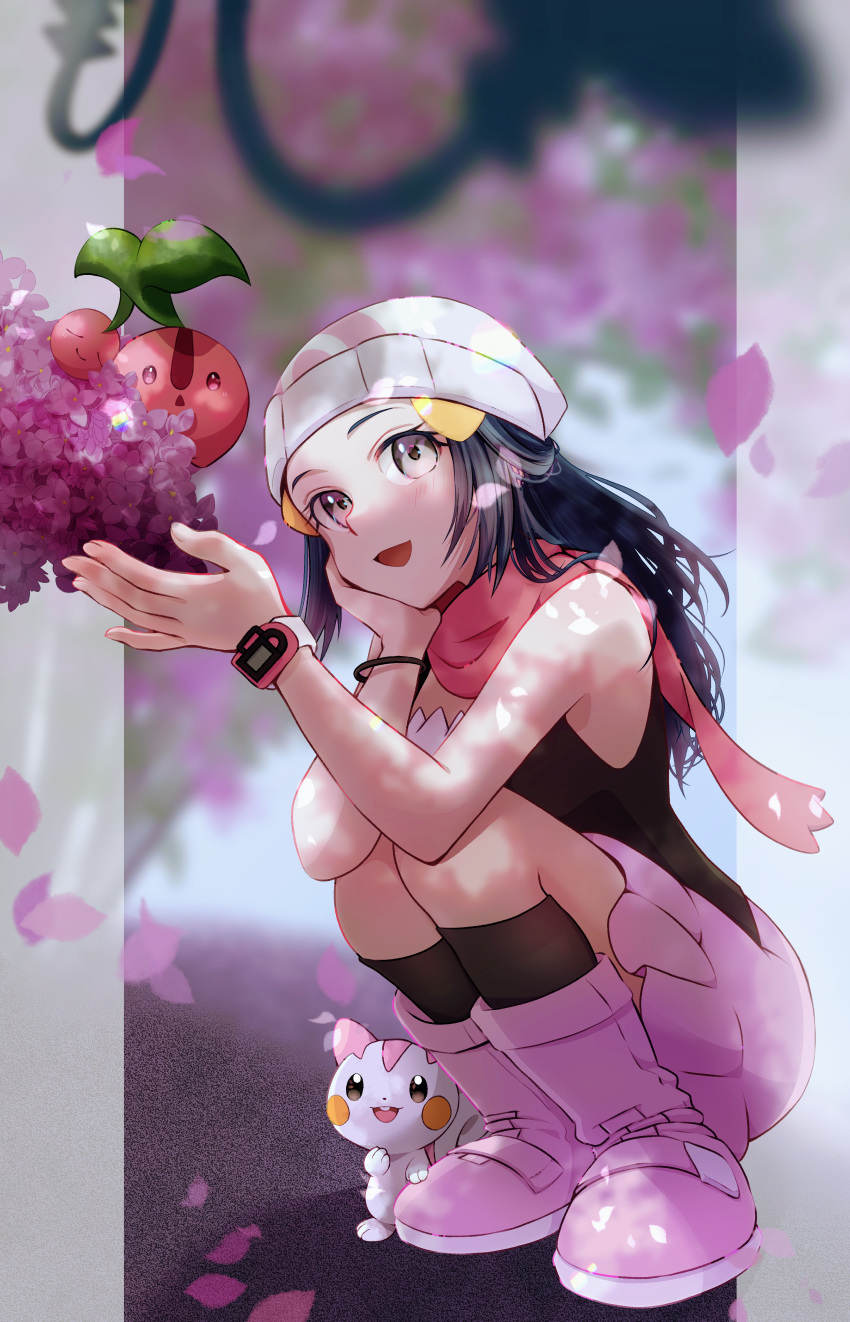 1girl :d absurdres alternate_color beanie black_hair black_shirt blush boots cherubi commentary_request dawn_(pokemon) eyelashes falling_petals flower grey_eyes hat highres kneehighs long_hair looking_up mesprit open_mouth pachirisu petals pink_scarf pokemon pokemon_(creature) pokemon_dppt poketch scarf shiny_pokemon shirt skirt sleeveless sleeveless_shirt smile socks squatting watch white_hat wristwatch yurika_(poire087)