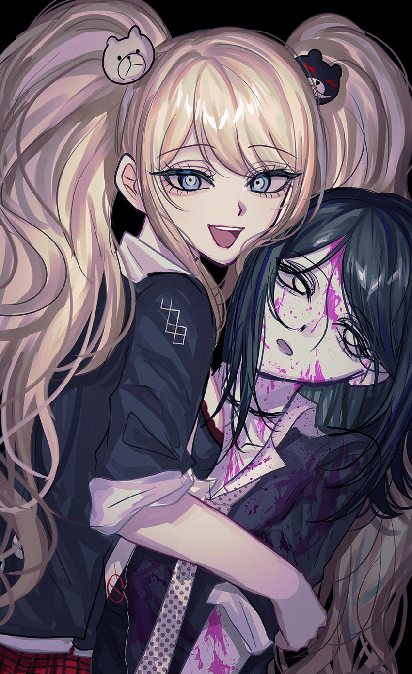 2girls bear_hair_ornament black_background black_hair black_jacket blonde_hair blood blood_on_clothes blood_on_face blue_eyes collarbone danganronpa:_trigger_happy_havoc danganronpa_(series) empty_eyes enoshima_junko eyelashes hair_ornament head_tilt highres hug ikusaba_mukuro jacket long_hair looking_at_viewer medium_hair multiple_girls pink_blood shimotsuki_niko siblings sisters twins twintails white_eyes