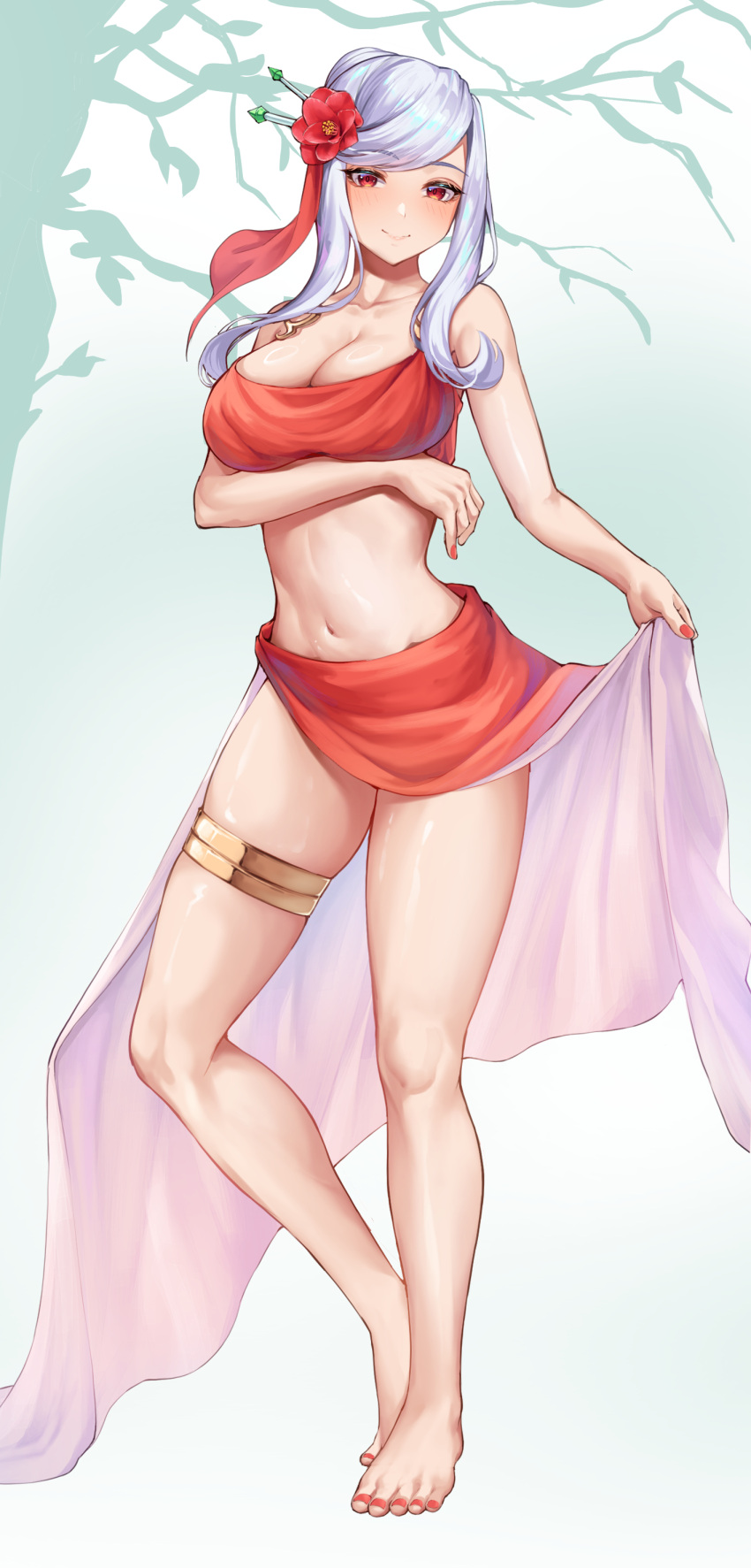 1girl absurdres bare_legs barefoot commentary_request commission crop_top flower full_body hair_flower hair_ornament highres long_hair looking_at_viewer midriff nail_polish navel original pixiv_commission red_eyes red_flower red_nails red_skirt skirt skirt_hold solo standing stomach thighlet thighs toenail_polish toenails white-paka white_hair