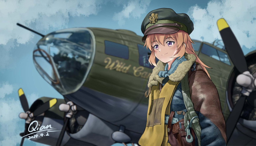 artist_name b-17_flying_fortress blurry brown_hair brown_jacket charlotte_e._yeager cloud cloudy_sky dated depth_of_field fur-trimmed_jacket fur_trim highres jacket masters_of_the_air military purple_eyes qian sky smile strike_witches strike_witches:_aurora_no_majo strike_witches:_suomus_misfits_squadron united_states_air_force world_war_ii world_witches_series