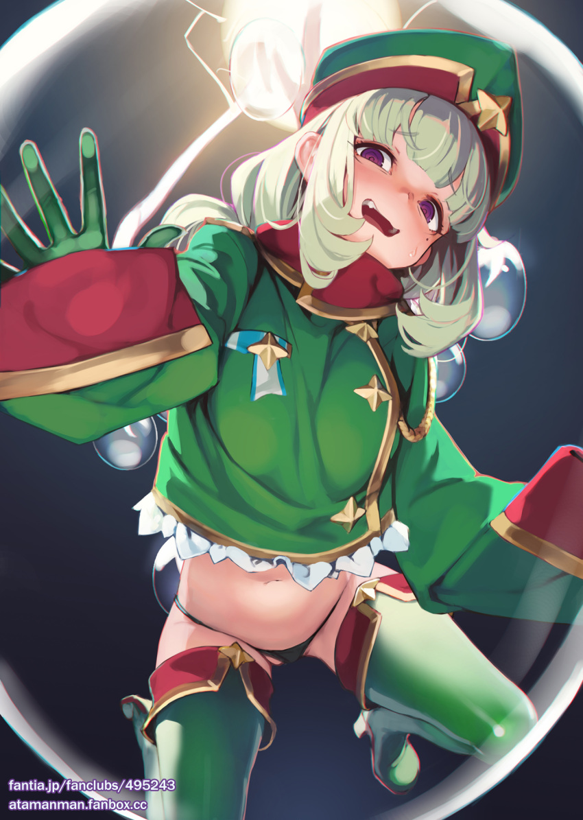 1girl all_fours araga_kiwi ataruman bags_under_eyes black_panties boots commentary_request cropped_jacket false_smile from_below gloves green_footwear green_gloves green_hair green_hat green_jacket hat highres jacket leoparde_(mahou_shoujo_ni_akogarete) mahou_shoujo_ni_akogarete mole mole_under_eye navel open_mouth panties peaked_cap purple_eyes scared smile solo stomach sweatdrop tareme thigh_boots thighs trapped underwear