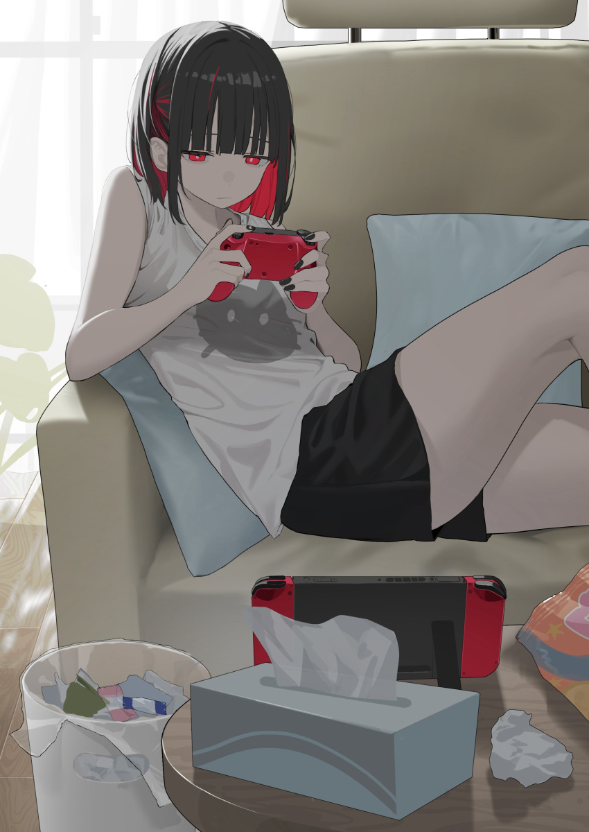 1girl 38_(sanjuuhachi) absurdres animal_print bag_of_chips bare_arms black_hair black_nails black_shorts blunt_bangs bright_pupils candy_wrapper cat_print closed_mouth colored_inner_hair controller couch expressionless feet_out_of_frame game_controller half-closed_eyes highres holding holding_controller holding_game_controller indoors knee_up medium_hair multicolored_hair nintendo_switch on_couch original pillow red_eyes red_hair shorts solo tank_top tissue tissue_box trash_can used_tissue white_pupils white_tank_top