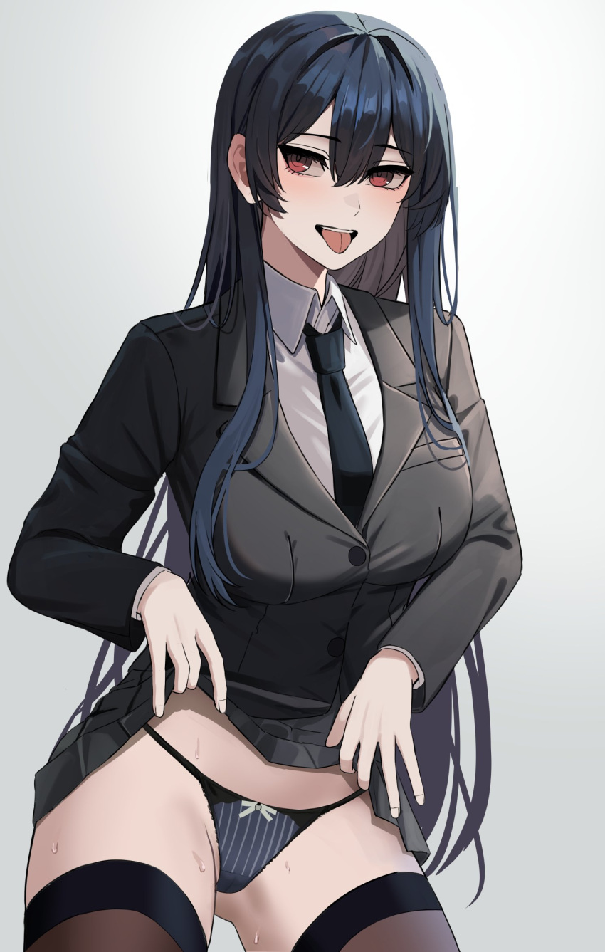 1girl :p ass_visible_through_thighs black_hair black_panties bow bow_panties clothes_lift contrapposto gaitoou gradient_background highres long_hair looking_to_the_side necktie original panties pleated_skirt red_eyes school_uniform skirt skirt_lift solo sweat thighhighs tongue tongue_out underwear