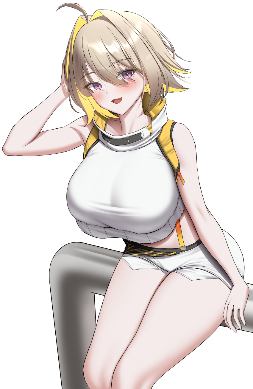 1girl :3 absurdres ahoge arm_support arm_up armpits bare_arms bare_shoulders blonde_hair breasts cleavage colored_inner_hair crop_top crop_top_overhang doenji_(auto7233) elegg_(nikke) exposed_pocket fang goddess_of_victory:_nikke hair_between_eyes hair_intakes high_collar highres large_breasts looking_at_viewer micro_shorts midriff multicolored_hair on_railing open_mouth purple_eyes railing see-through see-through_cleavage shirt short_hair short_shorts shorts simple_background sitting sleeveless sleeveless_shirt smile solo taut_clothes taut_shirt thighs white_background white_shirt white_shorts