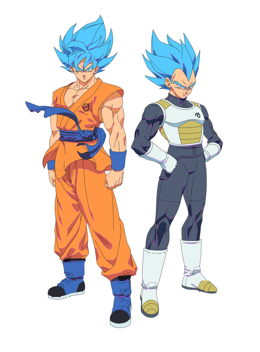 2boys armor black_jacket black_pants blue_eyes blue_footwear blue_hair blue_sash blue_wristband boots dougi dragon_ball dragon_ball_z_fukkatsu_no_f emblem gloves hands_on_own_hips highres jacket looking_at_viewer medium_hair multiple_boys nachairo orange_pants orange_tunic pants saiyan_armor sash simple_background son_goku spiked_hair super_saiyan super_saiyan_blue vegeta white_armor white_background white_footwear white_gloves