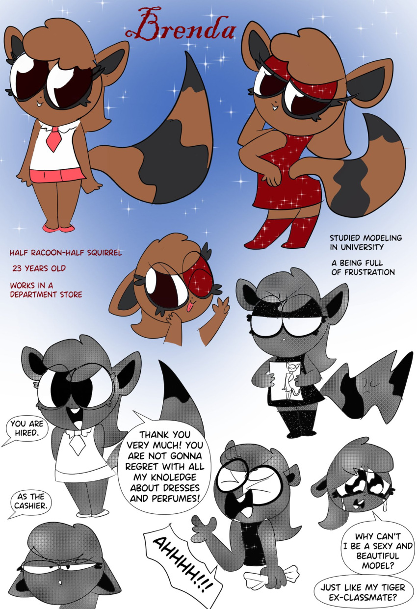 anthro bodily_fluids brenda_(cutefurryfan) brown_body brown_fur clothing cutefurryfan dialogue dress english_text eyeshadow eyewear female frustrated fur glasses hi_res hybrid makeup mammal model_sheet procyonid raccoon red_clothing red_dress red_eyeshadow rodent sciurid sparkles tears text toony tree_squirrel