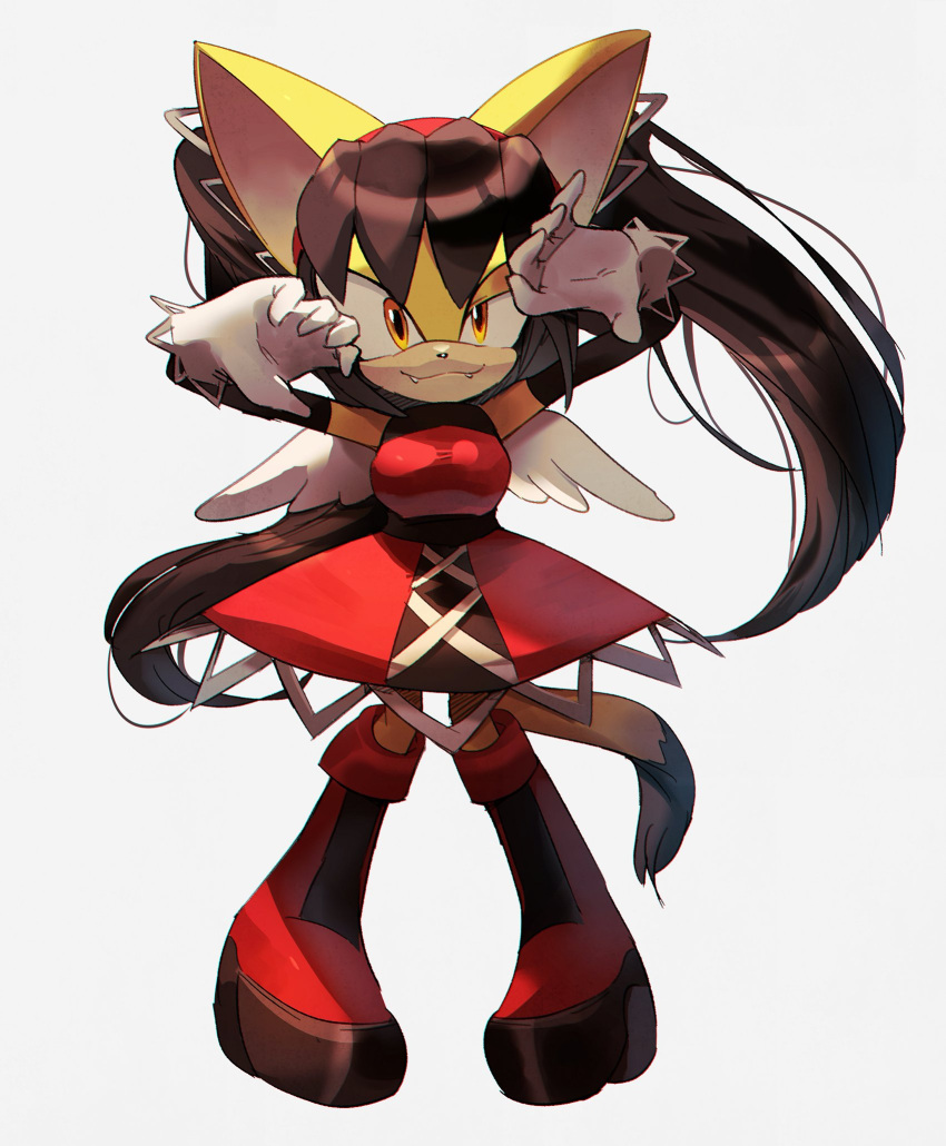 1girl animal_ears boots brown_hair dress full_body furry furry_female gloves highres honey_the_cat jaibus long_hair looking_at_viewer red_dress red_footwear simple_background solo sonic_(series) tail twintails white_background white_gloves white_wings wings yellow_eyes yellow_fur