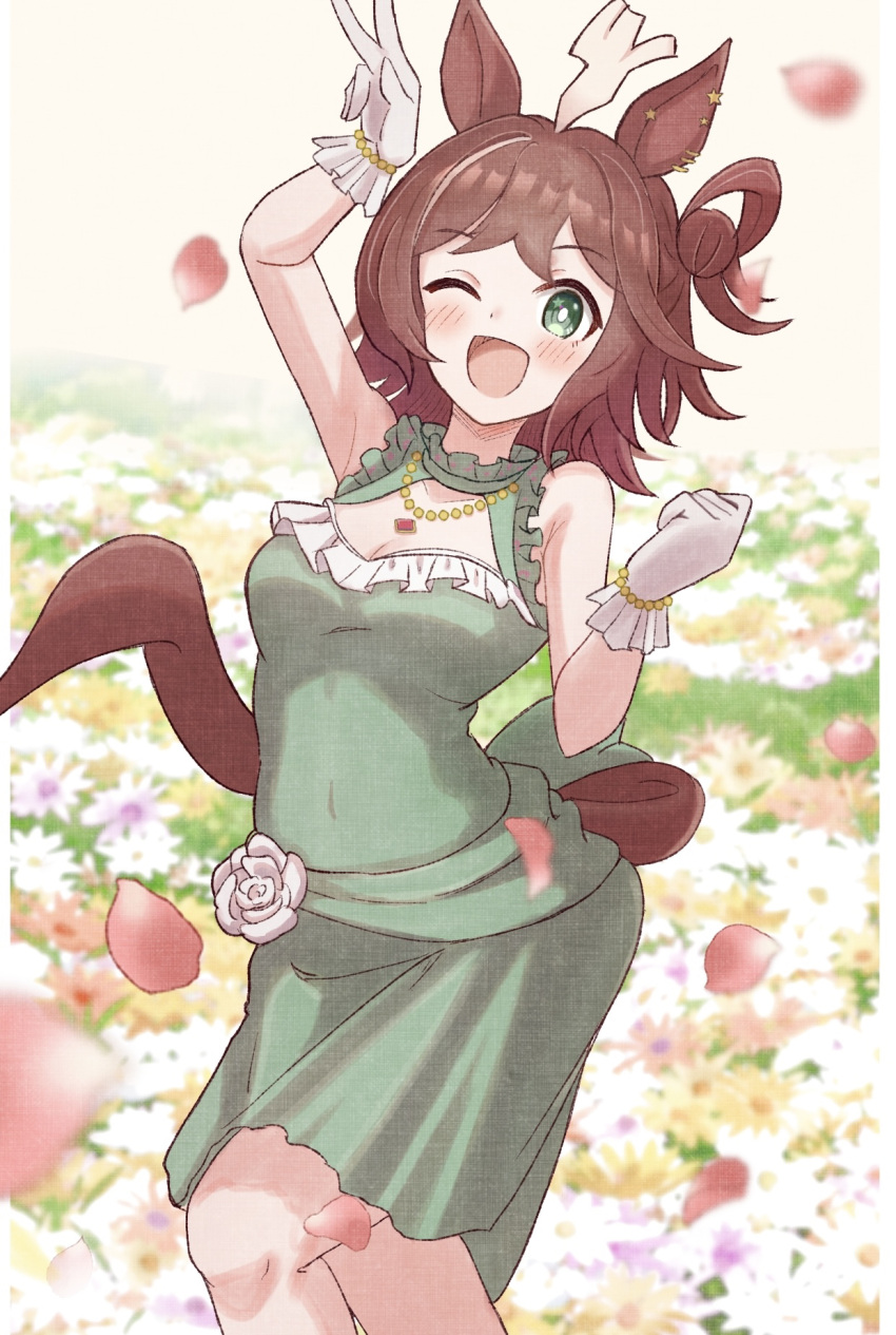1girl ;d ahoge animal_ears arm_up bare_shoulders breasts brown_hair cleavage cleavage_cutout clothing_cutout commentary_request dress floral_background flower frilled_dress frills gloves green_dress green_eyes hair_bun hair_rings hand_up highres horse_ears horse_girl horse_tail jewelry looking_at_viewer medium_breasts one_eye_closed one_side_up pendant petals purple_flower rhein_kraft_(umamusume) rose single_side_bun smile solo standing sunanuko_(ramuneko) tail umamusume white_flower white_gloves white_rose
