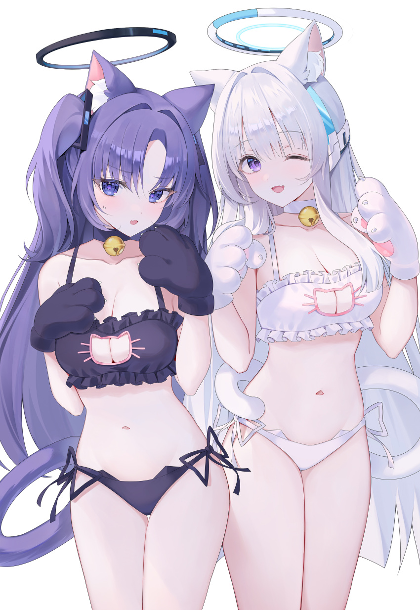 2girls absurdres animal_ear_fluff animal_ears animal_hands bell black_bra black_choker black_gloves black_panties blue_archive blush bra breasts cat_cutout cat_ears cat_lingerie cat_paws cat_tail choker cleavage clothing_cutout collarbone commentary fang gloves grey_hair halo highres jingle_bell large_breasts long_hair looking_at_viewer mechanical_halo meme_attire multiple_girls navel neck_bell noa_(blue_archive) one_eye_closed open_mouth panties paw_gloves purple_eyes purple_hair simple_background skin_fang smile symbol-only_commentary tail two_side_up underwear white_background white_bra white_choker white_gloves white_panties yagen_(user_mxur3238) yuuka_(blue_archive)