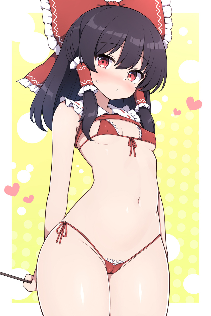 1girl adapted_costume bare_arms bare_legs bare_shoulders bikini black_hair blush bow breasts cameltoe closed_mouth covered_nipples cowboy_shot hair_between_eyes hair_bow hair_tubes hakurei_reimu heart highres long_hair looking_at_viewer micro_bikini navel red_bikini red_bow red_eyes rizento sidelocks small_breasts solo swimsuit touhou