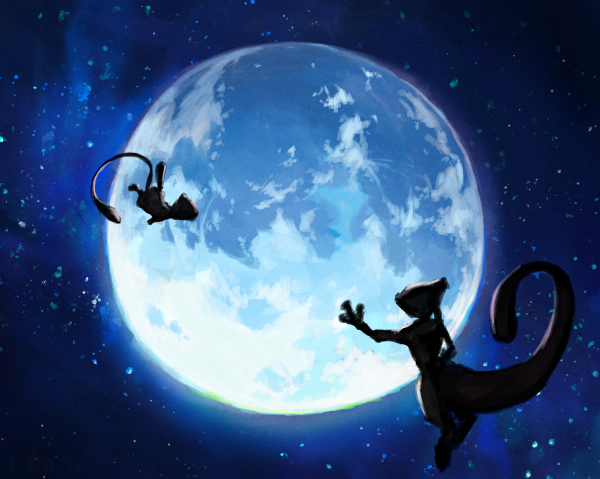 absurdres commentary_request from_side glowing hand_up highres mew_(pokemon) mewtwo moon night obane_(desert00) outdoors pokemon pokemon_(creature) silhouette sky star_(sky)