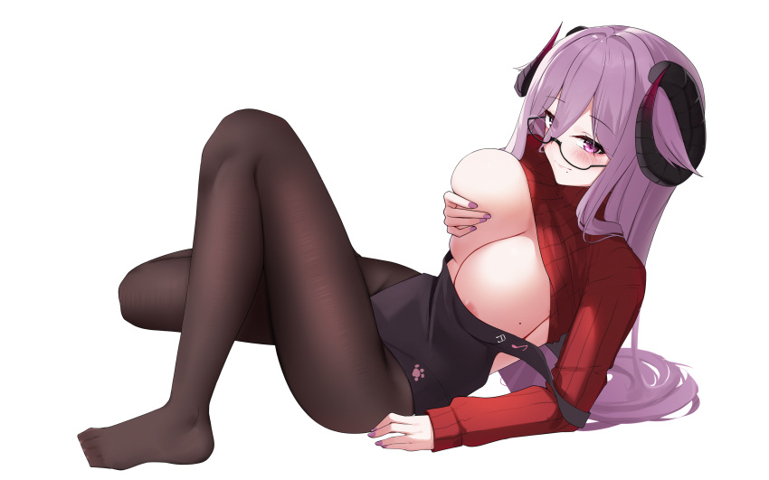 1girl apron areola_slip azur_lane black_horns black_pantyhose breasts clothes_lift collared_sweater curled_horns friedrich_carl_(a_game_of_love)_(azur_lane) friedrich_carl_(azur_lane) full_body glasses grabbing_own_breast highres horns knee_up large_breasts long_hair mole mole_under_mouth no_bra no_shoes official_alternate_costume pantyhose red_sweater semi-rimless_eyewear strap_slip sweater sweater_lift very_long_hair white_background zerotwenty_(020)