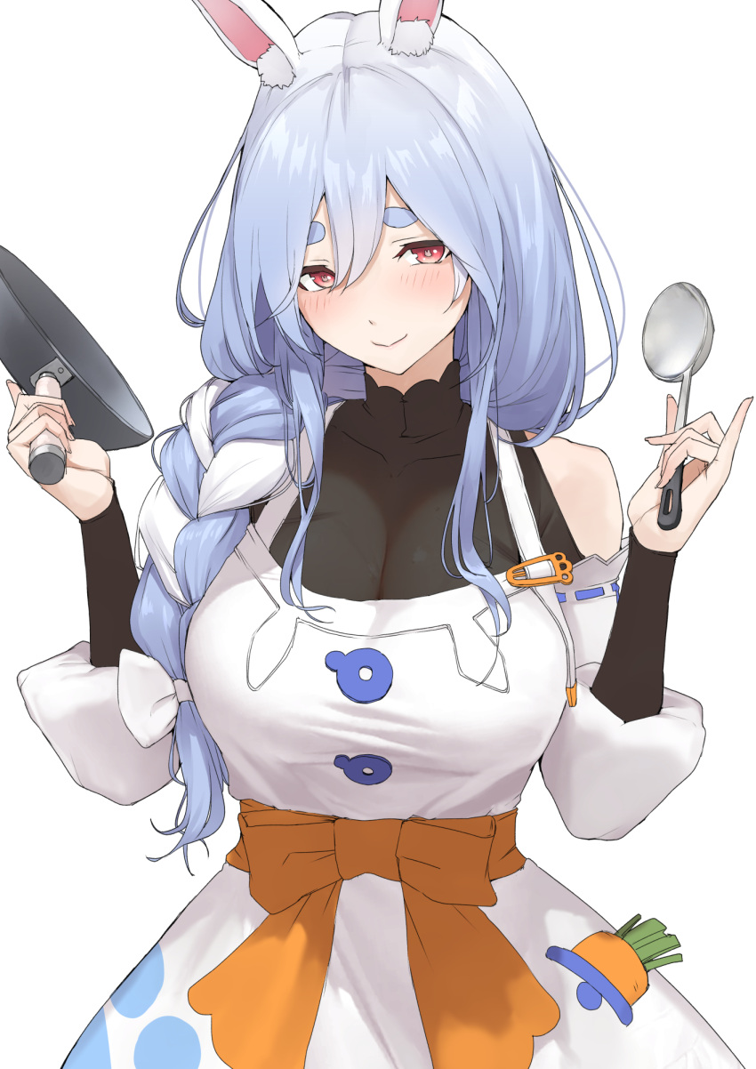 1girl animal_ear_fluff animal_ears black_bodysuit blue_hair blush bodysuit breasts cleavage closed_mouth dress frying_pan hair_between_eyes highres holding holding_frying_pan holding_ladle hololive ladle light_blue_hair long_hair long_sleeves looking_at_viewer mature_female mitsuru_(pixiv_34028718) off-shoulder_dress off_shoulder pekomama puffy_long_sleeves puffy_sleeves rabbit_ears red_eyes see-through see-through_cleavage simple_background smile solo thick_eyebrows upper_body virtual_youtuber white_background white_dress