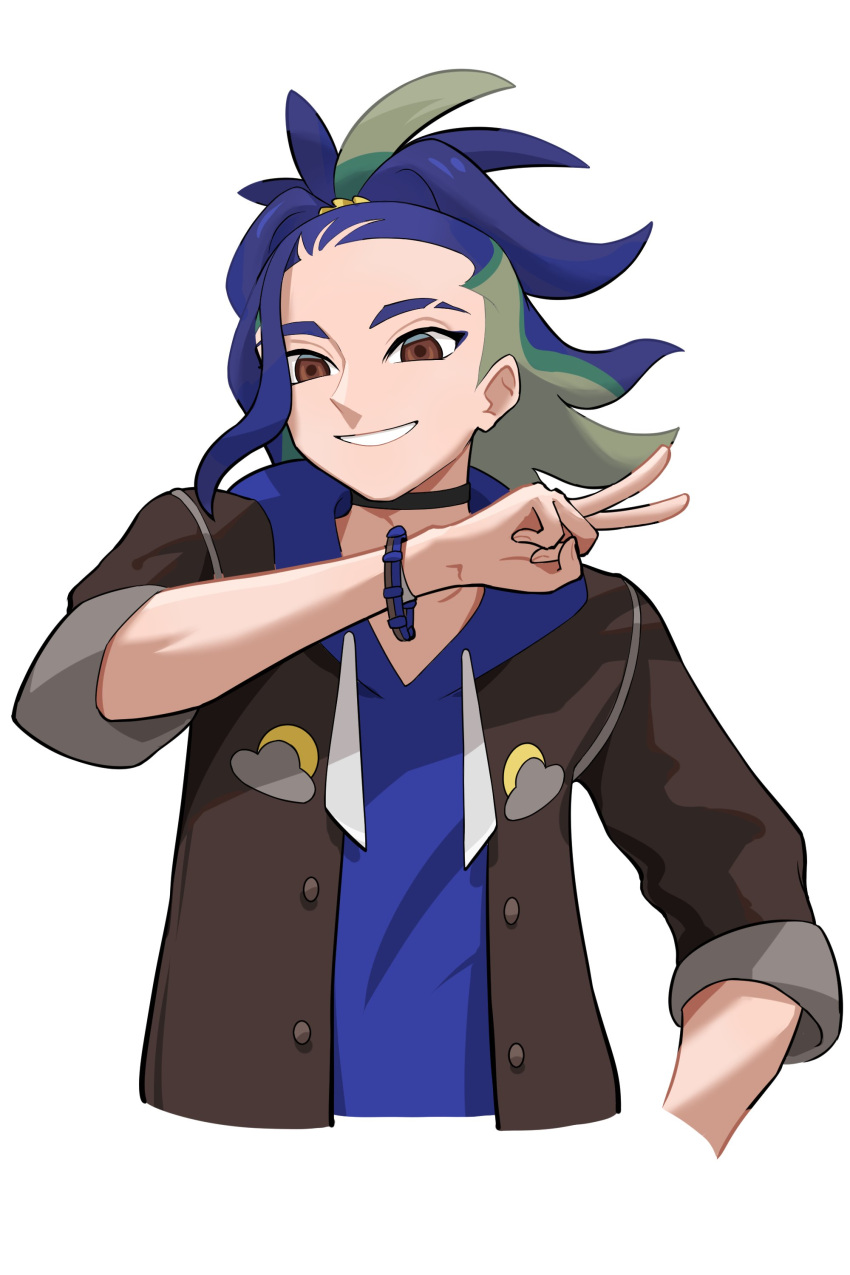 1boy absurdres adaman_(pokemon) adaman_(special_costume)_(pokemon) black_choker blue_hair blue_hoodie brown_hair choker cropped_torso eyebrow_cut ffccll green_hair highres hood hoodie jacket looking_at_viewer male_focus multicolored_hair official_alternate_costume open_clothes open_jacket pokemon pokemon_masters_ex simple_background solo two-tone_hair v white_background