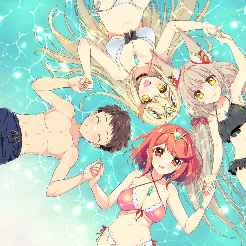 1boy 3girls animal_ears bikini blonde_hair breasts cat_ears chest_jewel core_crystal_(xenoblade) frilled_bikini frills grey_hair happy highres holding_hands large_breasts long_hair looking_at_viewer low_twintails male_swimwear multiple_girls mythra_(xenoblade) nia_(blade)_(xenoblade) nia_(xenoblade) pyra_(xenoblade) red_eyes red_hair rex_(xenoblade) smile swim_trunks swimsuit tiara topless_male twintails very_long_ears very_long_hair water watsuki_ayamo xenoblade_chronicles_(series) xenoblade_chronicles_2 yellow_eyes