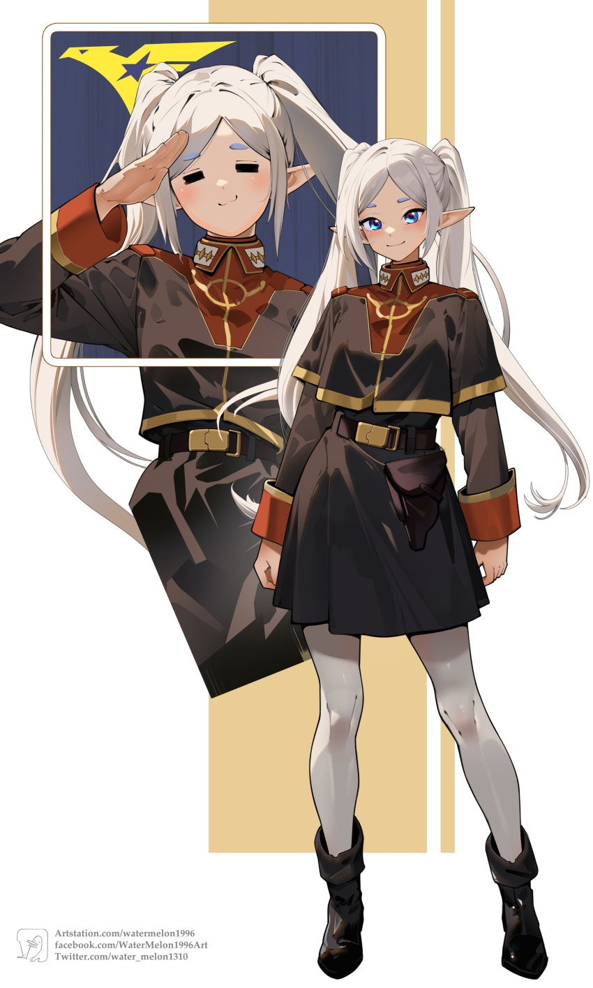 1girl :3 =_= absurdres belt black_capelet black_shirt black_skirt boots capelet closed_eyes collared_shirt earrings earth_federation elf emblem frieren full_body green_eyes gundam highres jewelry long_hair long_sleeves looking_at_viewer military_uniform pantyhose pointy_ears salute shirt signature skirt smile sousou_no_frieren titans_(gundam) twintails uniform watermelonsfw white_hair white_pantyhose zeta_gundam