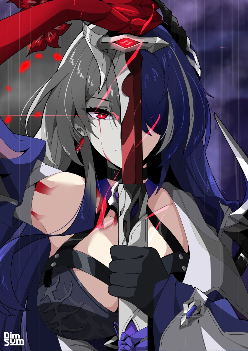 1girl acheron_(honkai:_star_rail) arm_up artist_name black_choker black_gloves blood blood_from_eyes body_markings choker coat detached_sleeves dimsumart earrings flower gloves gradient_hair hair_over_one_eye highres holding holding_sword holding_weapon honkai:_star_rail honkai_(series) jewelry long_hair multicolored_hair purple_hair rain red_eyes red_flower sheath single_bare_shoulder single_earring solo streaked_hair sword unsheathing weapon white_coat white_hair