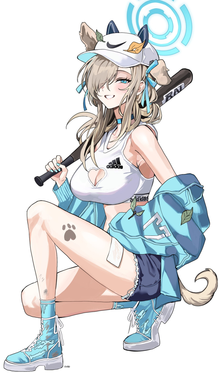 1girl absurdres adidas animal_ears asuna_(blue_archive) bandages baseball_bat baseball_cap blue_archive blue_eyes blue_jacket breasts choker cleavage clothing_cutout denim denim_shorts dog_ears dog_tail extra_ears grin hair_over_one_eye hair_ribbon halo hat heart_cutout high_tops highres jacket large_breasts leaf leaf_on_head long_hair nail_polish nike_(company) ohw8g paw_print ribbon shoes shorts smile sneakers sports_bra squatting tail