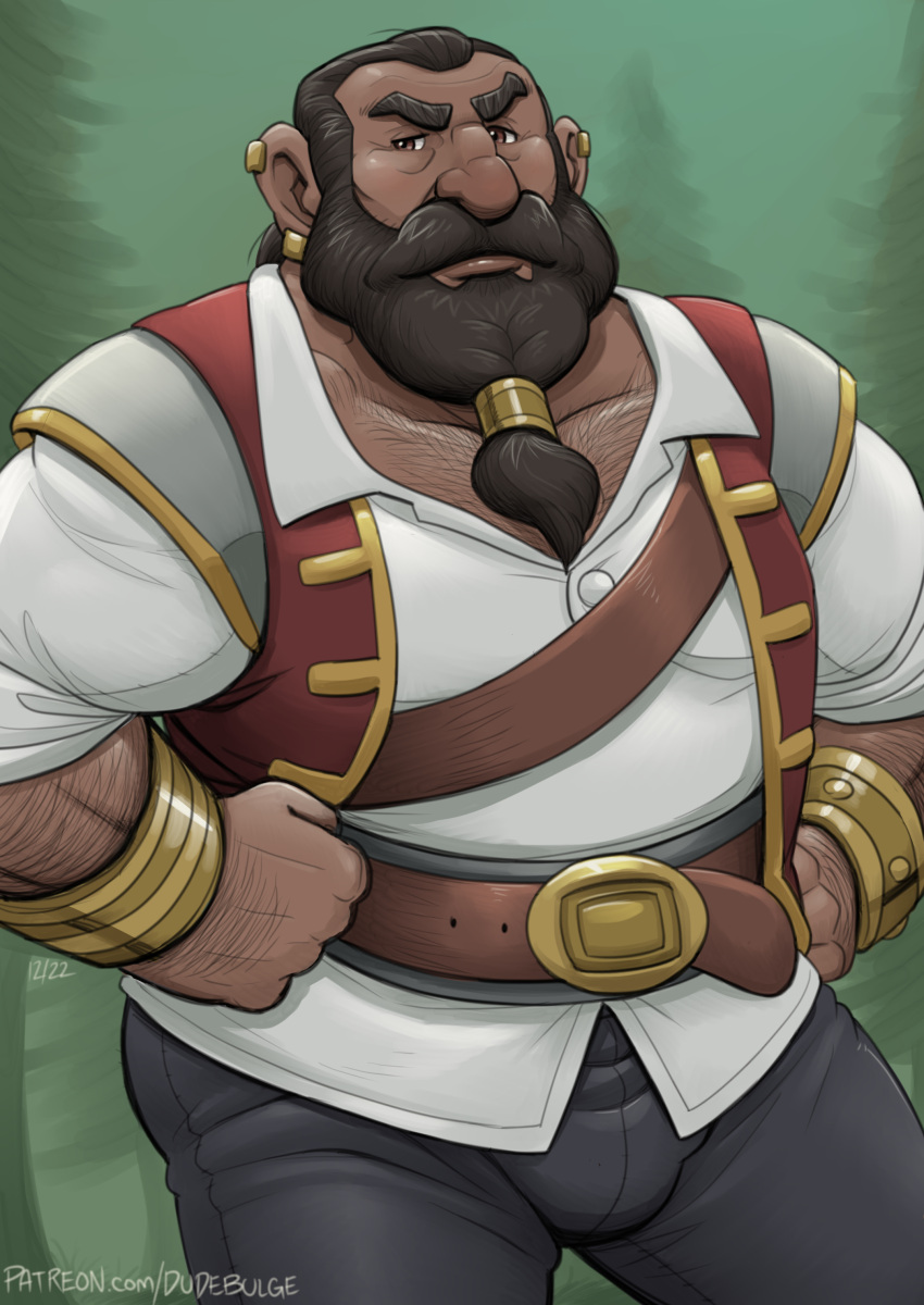 1boy absurdres bara beard bulge cowboy_shot dark-skinned_male dark_skin dragon_age dragon_age:_absolution dudebulge dwarf facial_hair full_beard hairy hands_on_own_hips highres lacklon_(dragon_age) long_beard looking_at_viewer male_focus mature_male muscular muscular_male old old_man receding_hairline solo standing thick_arm_hair thick_beard thick_chest_hair thick_eyebrows tied_beard tsurime wrinkled_skin