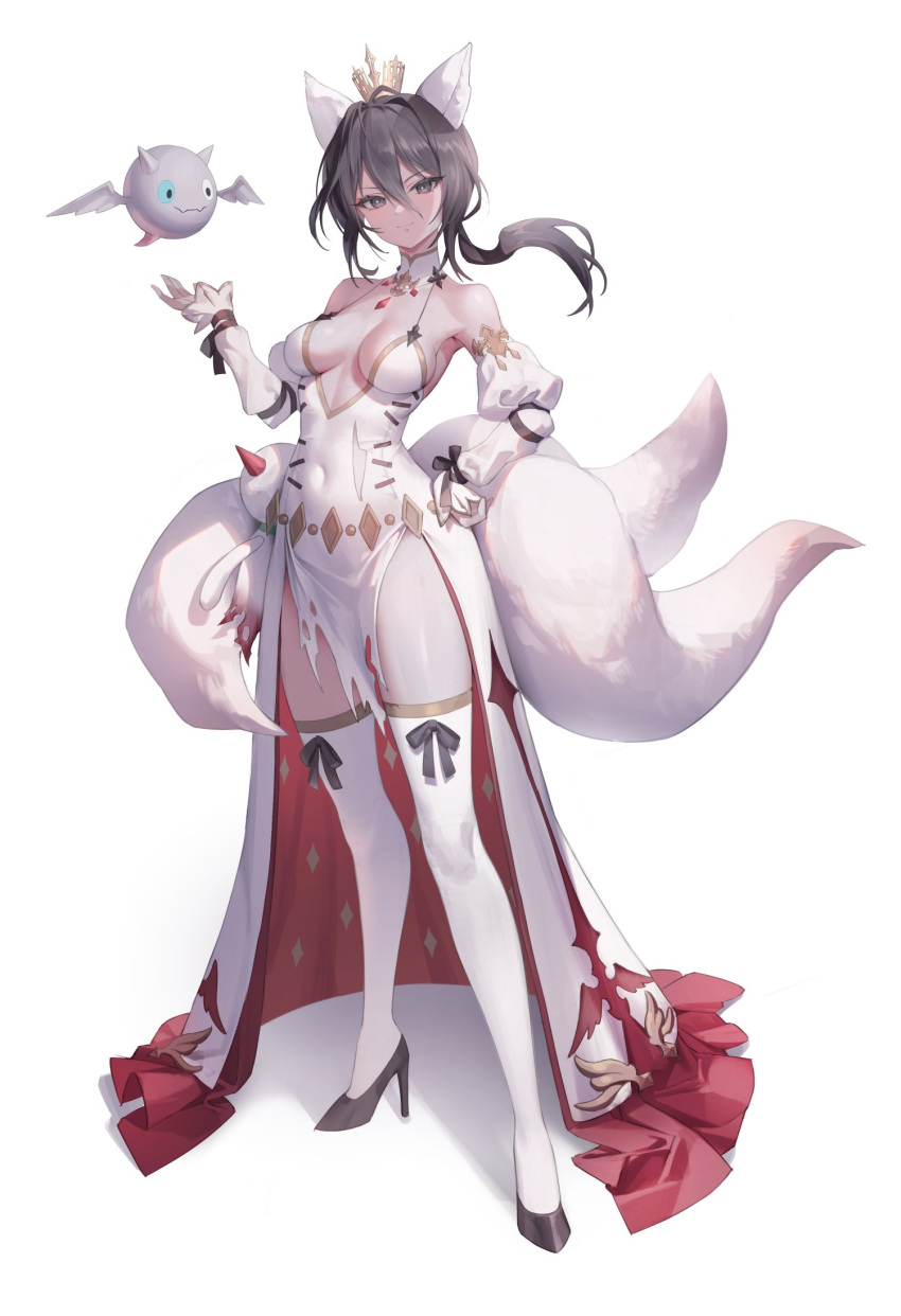 1girl animal_ears bare_shoulders black_footwear black_hair black_ribbon breasts breasts_apart choker closed_mouth covered_navel crown demon detached_sleeves dress fox_ears full_body gem gold_trim hair_between_eyes hand_on_own_hip high_heels highres kitsune korean_commentary legs_apart long_dress long_hair looking_at_viewer mini_crown multiple_tails ponytail puffy_sleeves ribbon seven_knights simple_background small_breasts smile tail thighhighs v-shaped_eyebrows white_background white_sleeves white_thighhighs whois