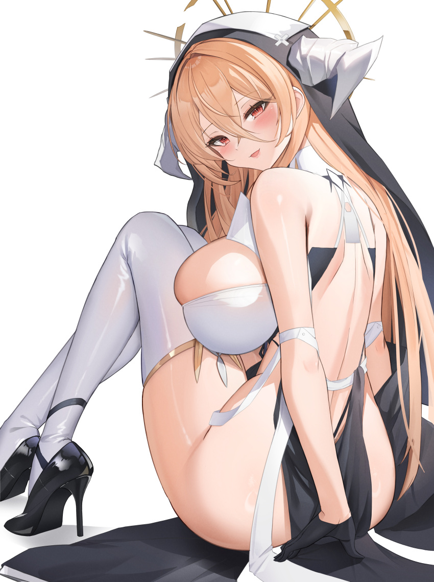 1girl absurdres ass azur_lane b_grade back backless_dress backless_outfit bare_arms bare_shoulders black_dress black_footwear black_gloves blonde_hair breasts commentary_request dress from_behind gloves gold_trim hair_between_eyes halo high_heels highres horns implacable_(azur_lane) knees_up korean_commentary large_breasts long_hair looking_at_viewer looking_back median_furrow no_panties open_mouth pelvic_curtain red_eyes revealing_clothes revision sideboob sidelocks simple_background sitting skindentation sleeveless sleeveless_dress smile solo thighhighs thighs veil very_long_hair white_background white_thighhighs