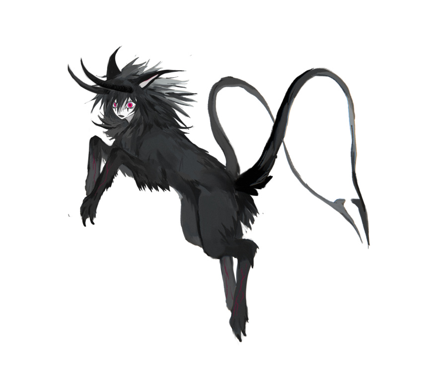 animal_ears animal_feet black_fur black_horns colored_skin creature full_body highres horns kamikiririp multiple_tails no_humans original red_eyes solo sphinx tail white_background white_skin