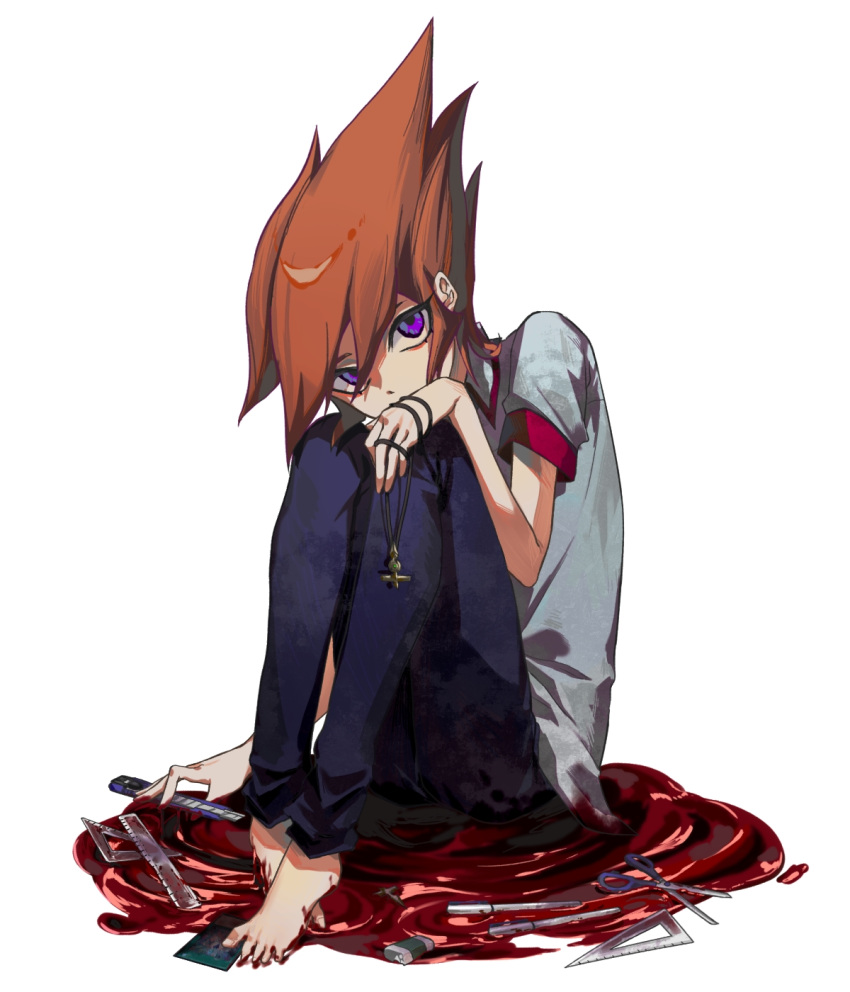 1boy blood blood_on_clothes blood_on_ground blue_pants boxcutter grey_shirt highres hugging_own_legs orange_hair pants purple_eyes ruler scissors shirt triangle user_ufre2773 vector_(yu-gi-oh!) white_background yu-gi-oh! yu-gi-oh!_zexal