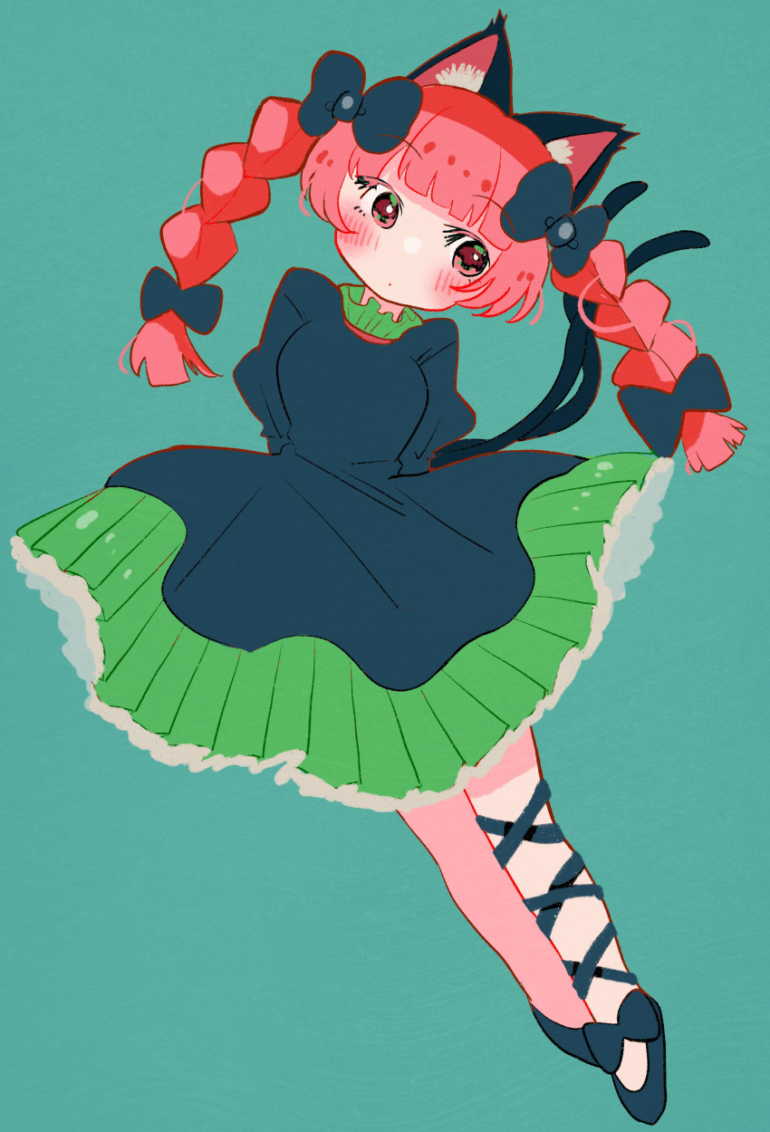 1girl absurdres animal_ear_fluff animal_ears arms_behind_back black_bow blunt_bangs blush booonyanyanya bow braid cat_ears cat_tail dress footwear_bow frills green_background green_dress highres kaenbyou_rin leg_ribbon multiple_tails red_eyes red_hair ribbon simple_background solo tail touhou twin_braids two_tails